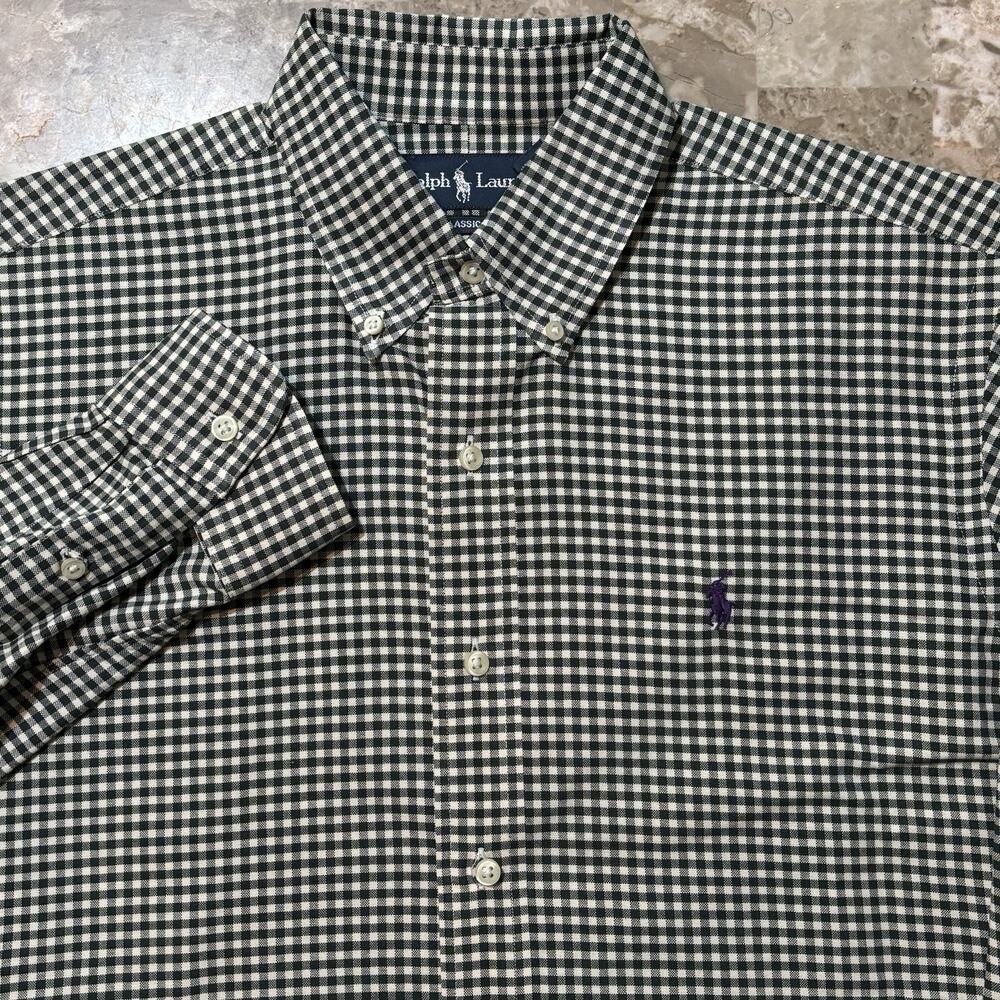 Polo Ralph Lauren Shirt Mens M Green Classic Fit Gingham Oxford OCBD STARCHED